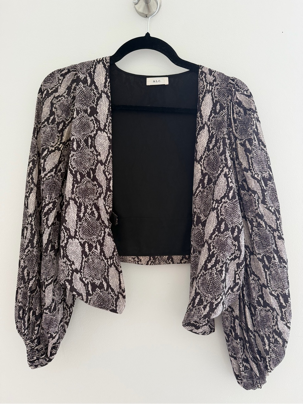 A.L.C. Snake-Print Open Front tie blouse — Black & Cream